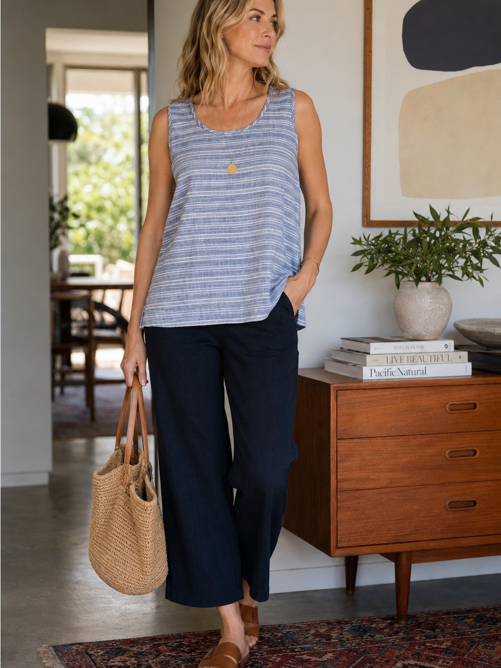 Lord & Taylor Blue & White Linen Blend Look Sleeveless Tank Top Large
